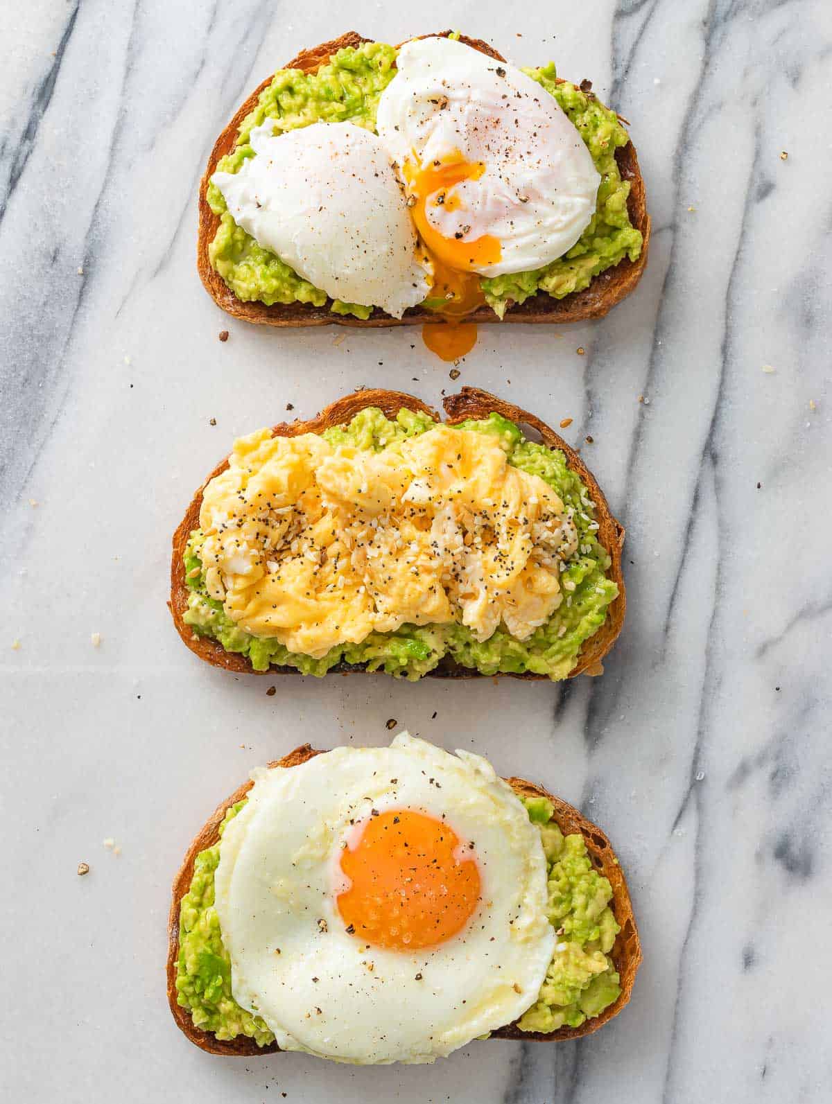 3 types of eggs on toast with avacado